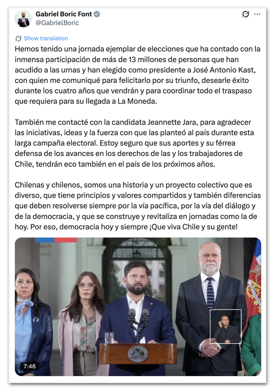 Gabriel Boric dá parabéns a José Antonio Kast, eleito no Chile