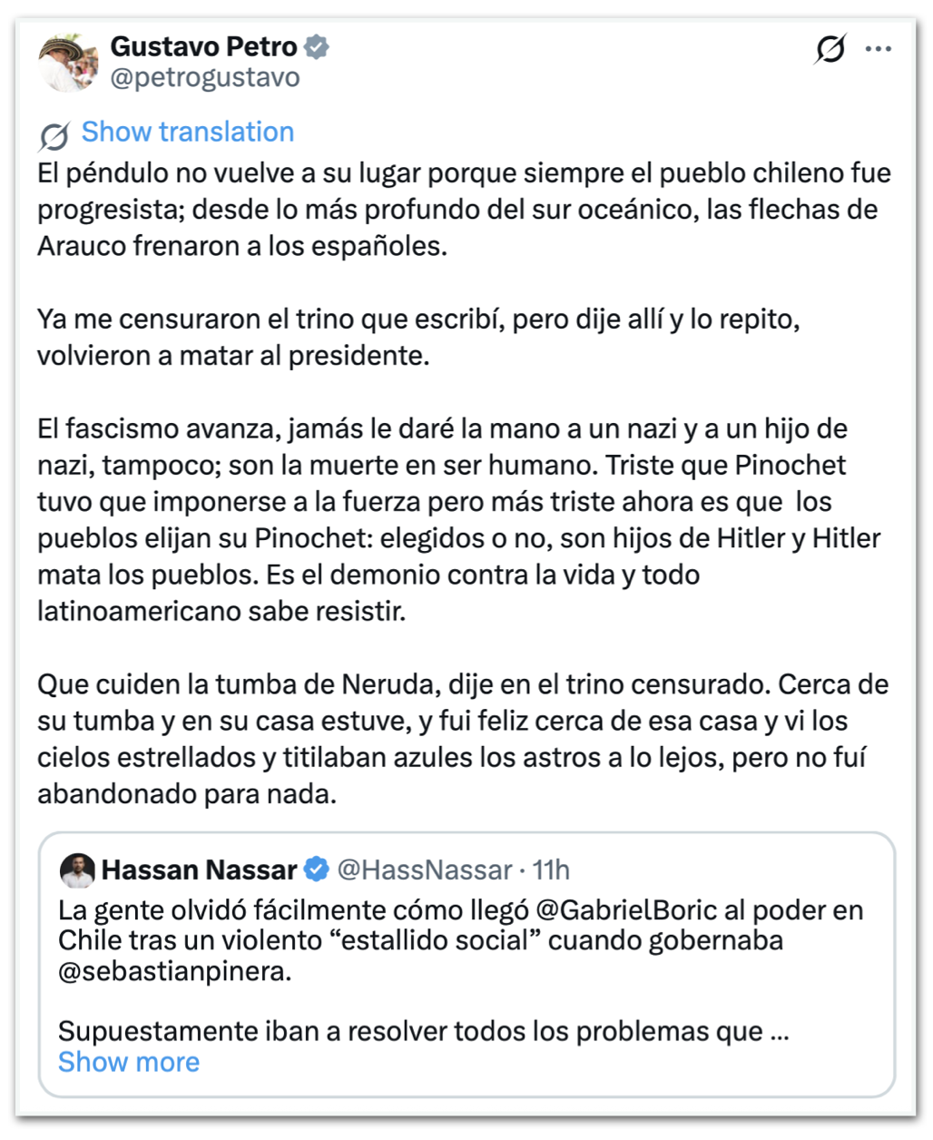 Gustavo Petro reage à eleição de José Antonio Kast no Chile