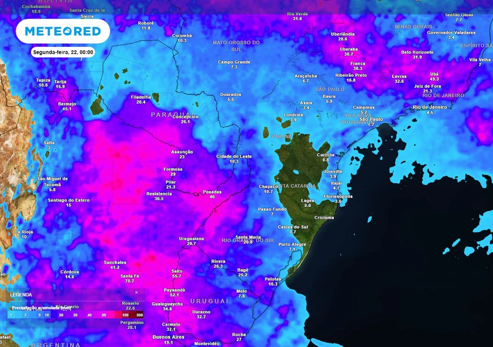 Previsão de acumulados totais até o final do domingo.