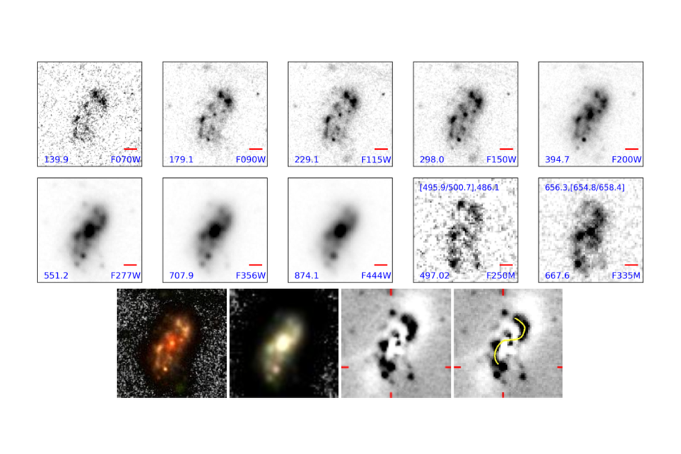 Imagens obtidas por diferentes filtros e diferentes comprimentos de onda da galáxia recém-descoberta Alaknanda Crédito: Jain and Wadadekar