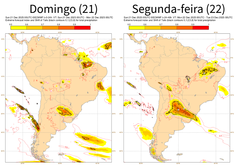 EFI do EMCWF para precipitação hoje e amanhã. Créditos: ECMWF.