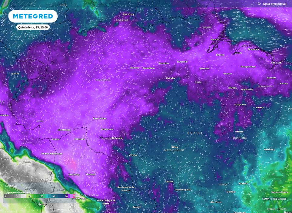 Previsão de água precipitável sobre a Região Norte na tarde desta quinta-feira (25).