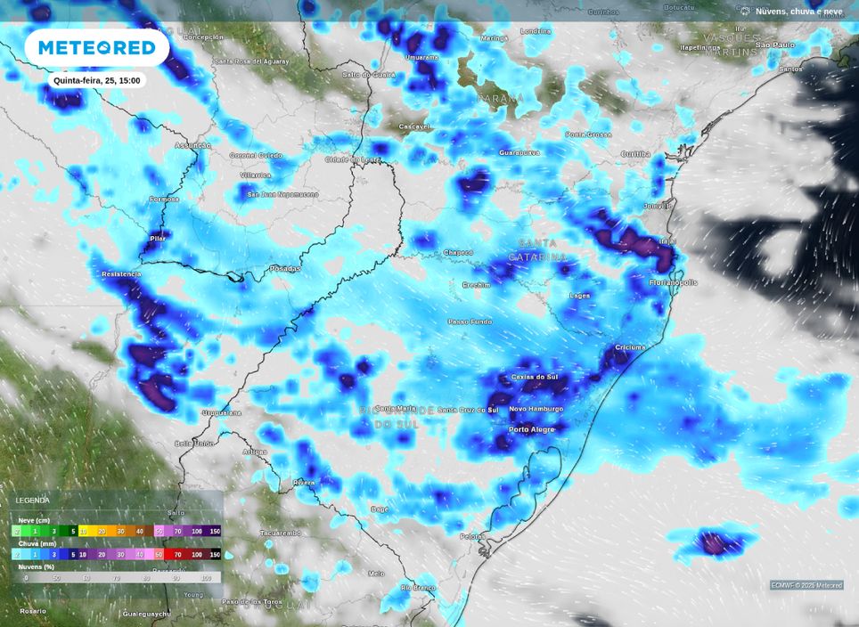 Previsão de nebulosidade e precipitação para a tarde desta quinta-feira (25).