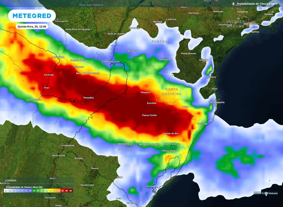 Possibilidade de precipitação sobre a Região Sul para o início da tarde desta quinta-feira (25).