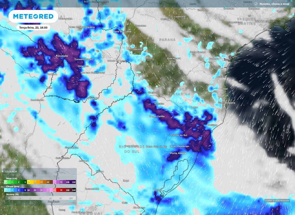 Previsão de precipitação sobre a Região Sul na tarde de terça-feira (23).
