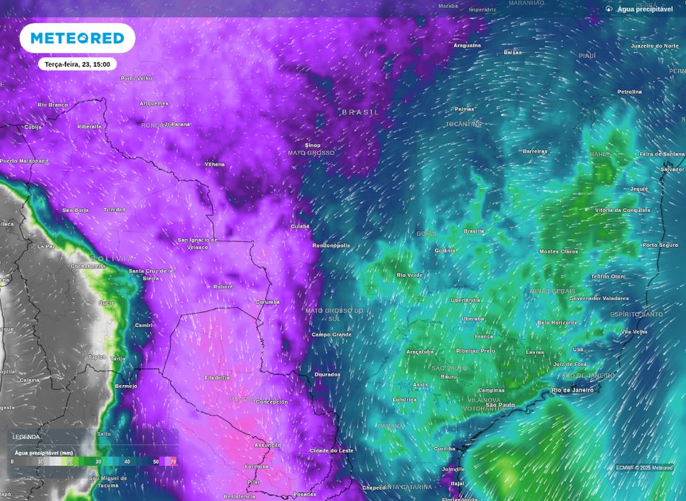 Previsão de água precipitável sobre o Centro-Oeste na tarde de terça-feira (23).