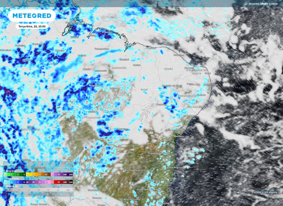 Previsão de precipitação sobre a Região Nordeste na tarde de terça-feira (23).