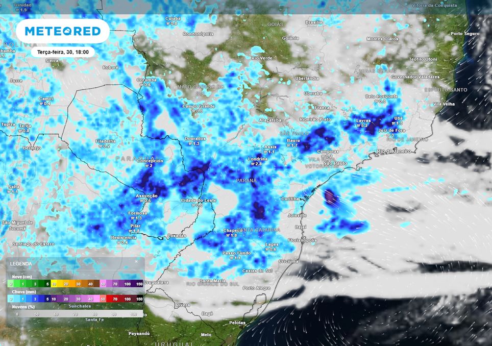 Previsão de pressão, ventos, nebulosidade e precipitação na terça-feira.