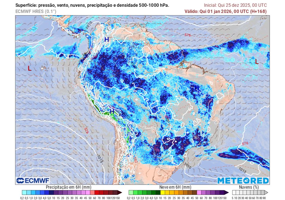 Previsão de pressão, ventos, nebulosidade e precipitação no final do dia 31 de dezembro.