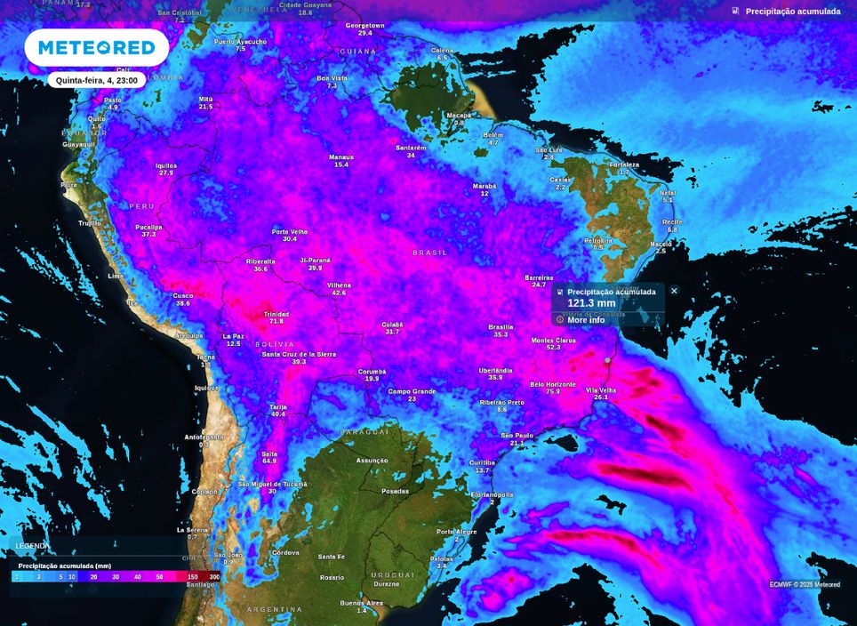 Mapa de precipitação acumulada até a quinta-feira (4).