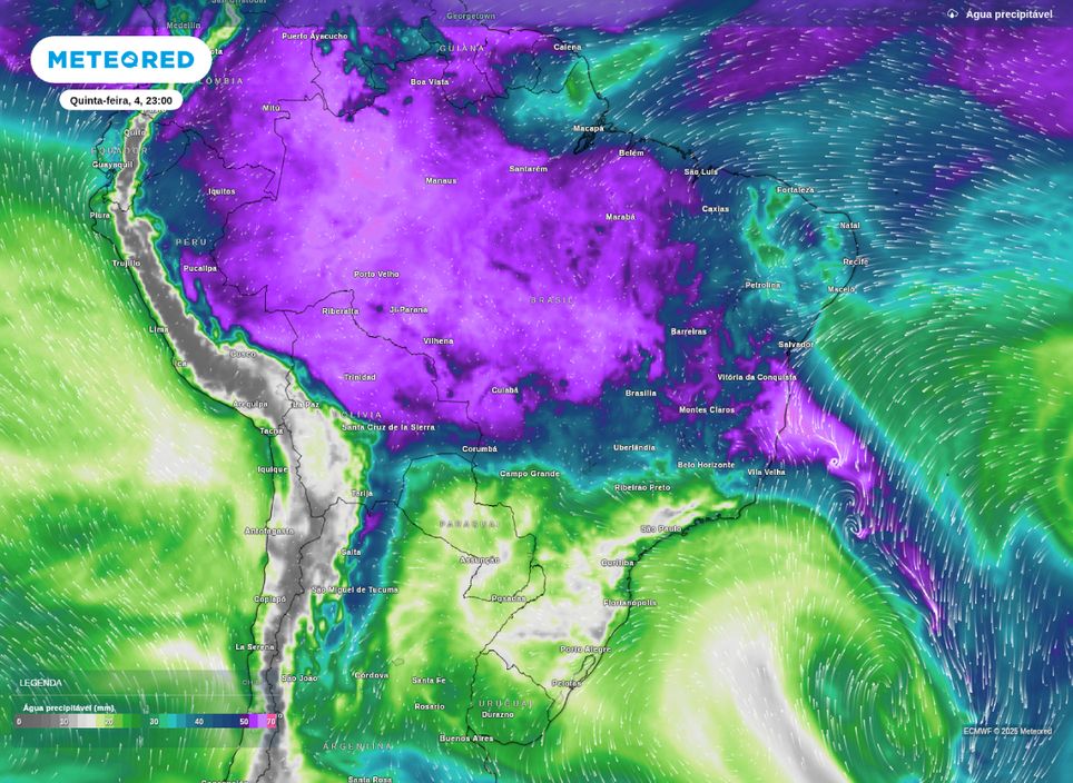 Água precipitável para o Brasil nesta quinta-feira (4).