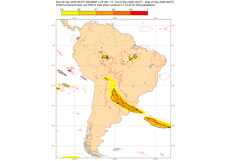 EFI do ECMWF para precipitação nesta terça-feira (23). Créditos: ECMWF