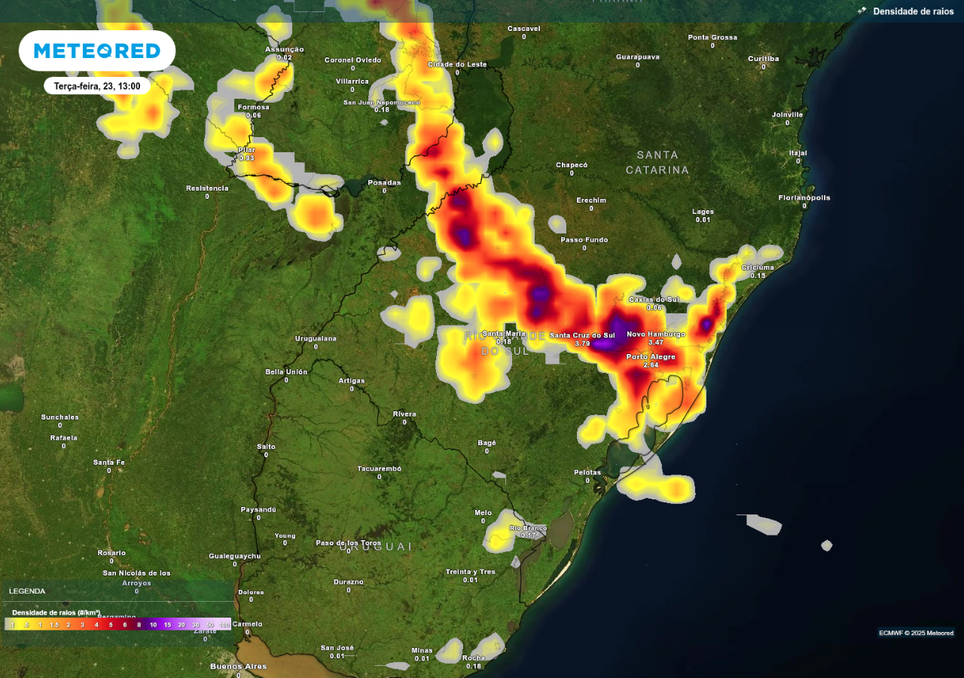 Previsão de tempestades terça-feira (23), de acordo com o ECMWF.