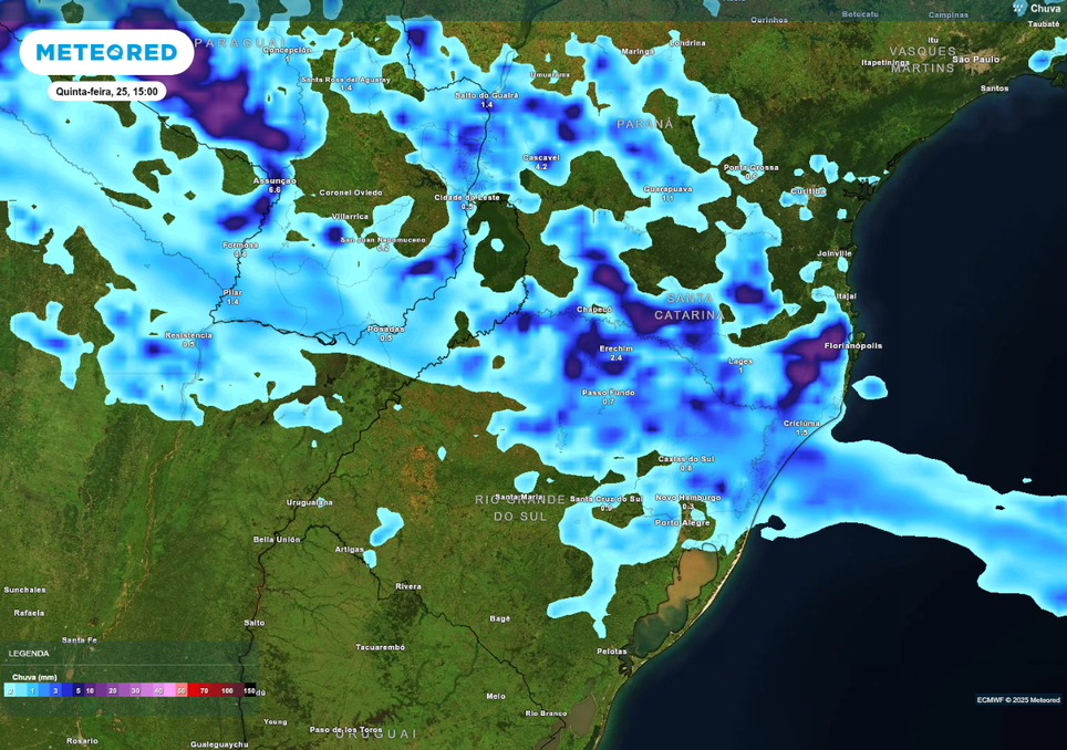 Previsão de chuva na quinta-feira (25), de acordo com o ECMWF.