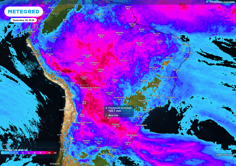 Previsão de chuva acumulada até o final de quinta-feira (25), de acordo com o ECMWF.