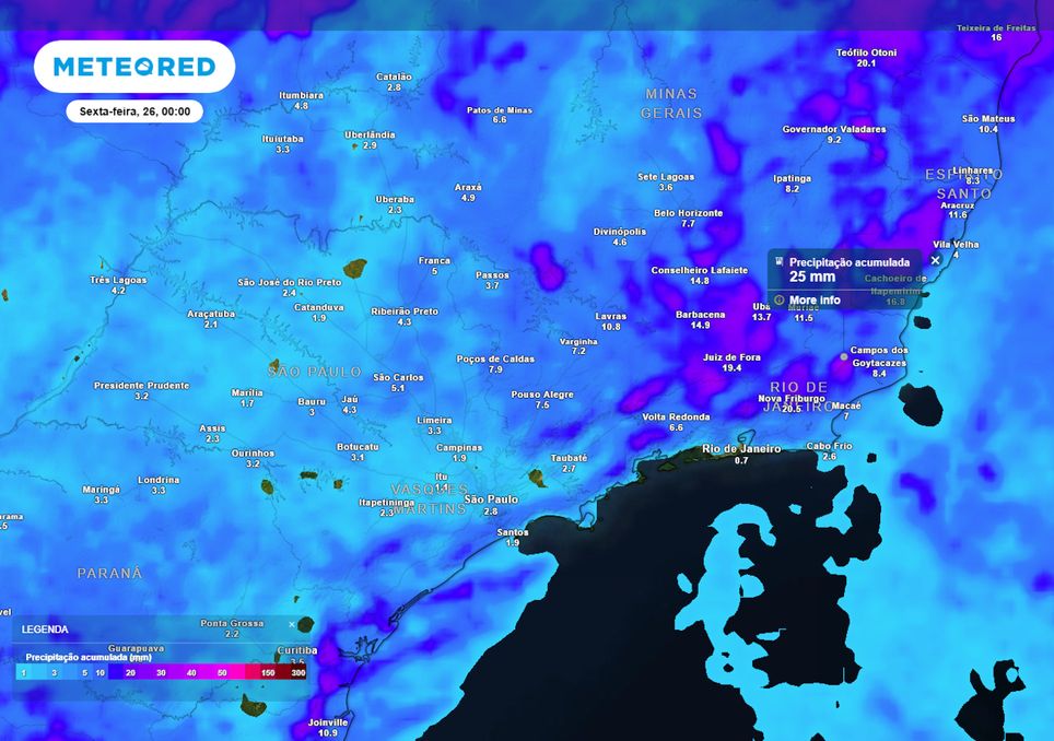 Previsão de acumulados totais de chuva até o final da quinta-feira. Previsão de acumulados totais de chuva até o final da quinta-feira.