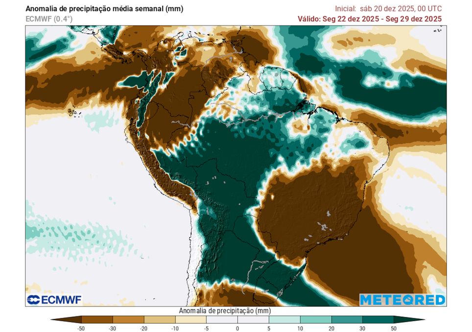Previsão de anomalias de Chuva entre os dias 22 e 29 de Dezembro (modelo ECMWF). Previsão de anomalias de Chuva entre os dias 22 e 29 de Dezembro (modelo ECMWF).