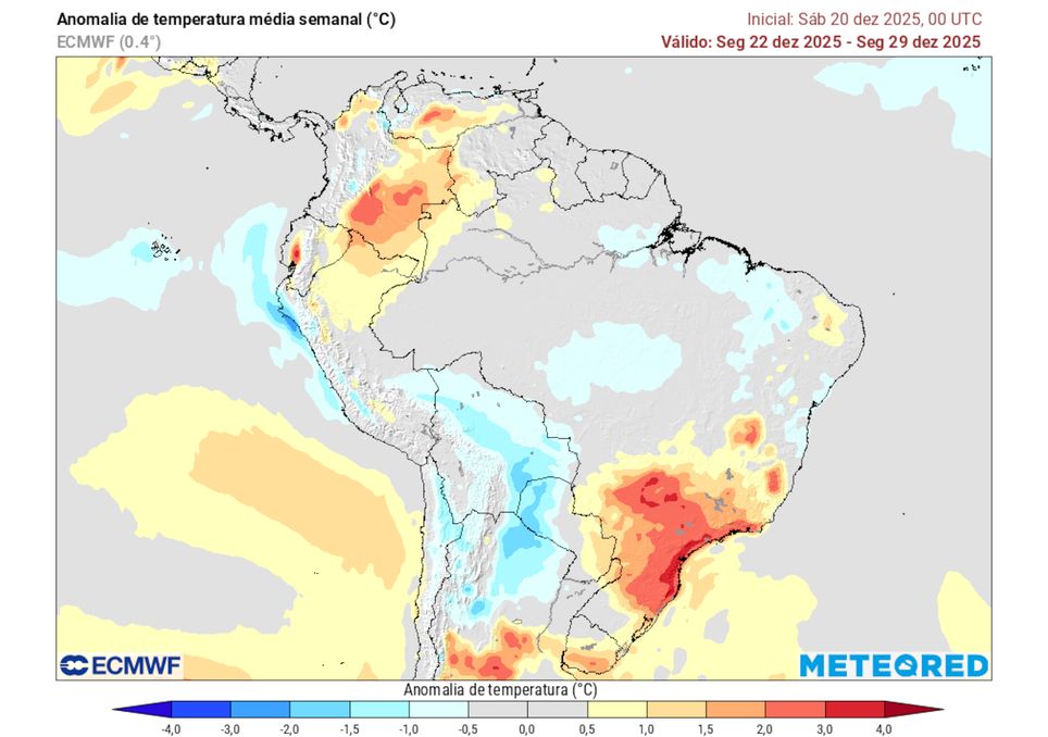 Previsão de anomalias de Temperatura entre os dias 22 e 29 de Dezembro (modelo ECMWF). Previsão de anomalias de Temperatura entre os dias 22 e 29 de Dezembro (modelo ECMWF).