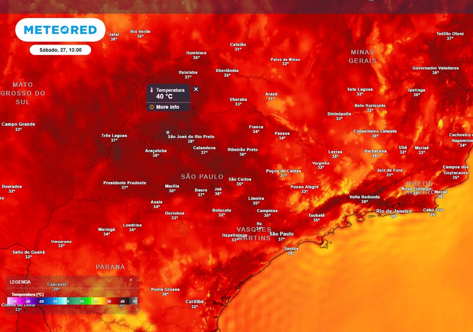 Previsão de temperaturas máximas no sábado.