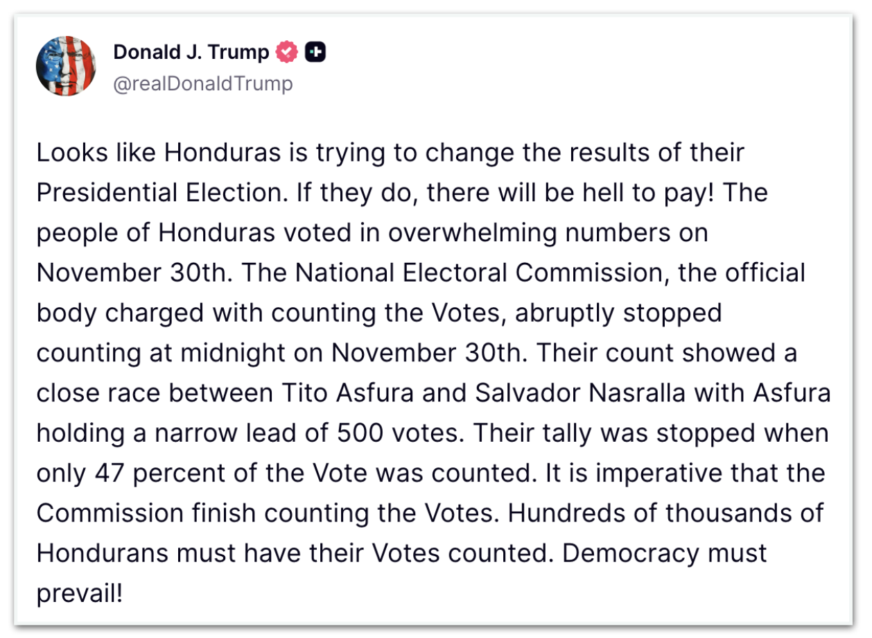 Donald Trump fala sobre eleições em Honduras