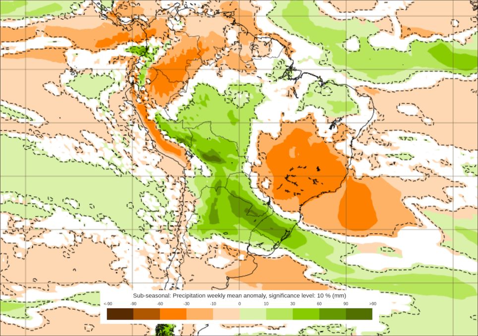 Previsão de anomalias de chuva entre os dias 22 e 29 de Dezembro.