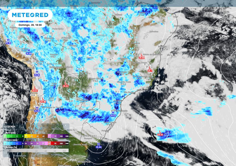 Previsão de pressão, ventos, nebulosidade e precipitação.