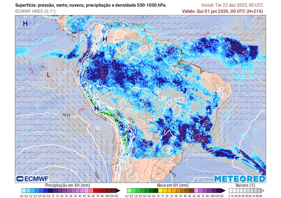 Previsão de pressão, ventos, nebulosidade e precipitação no final do dia 31 de dezembro.