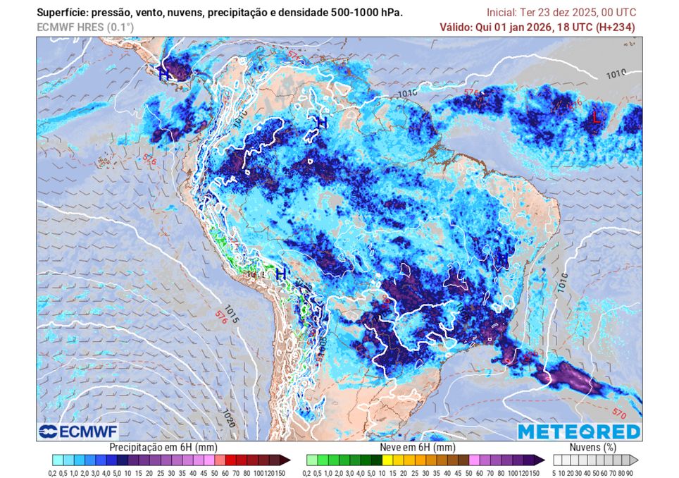 Previsão de pressão, ventos, nebulosidade e precipitação no dia 01 de Janeiro.
