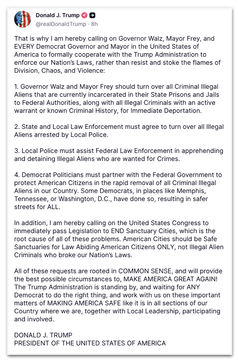 Trump publica mensagens sobre mortes nas operações de imigração em Minneapolis (Minnesota)