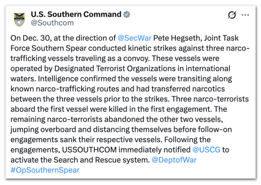 Postagem do Comando Sul dos Estados Unidos sobre ataque a barcos no Pacífico Oriental