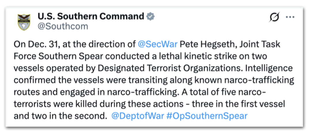 Postagem do Comando Sul dos Estados Unidos sobre ataque a barcos em 31 de dezembro