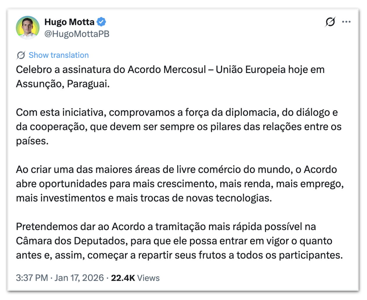 tweet Hugo Motta 17jan2026