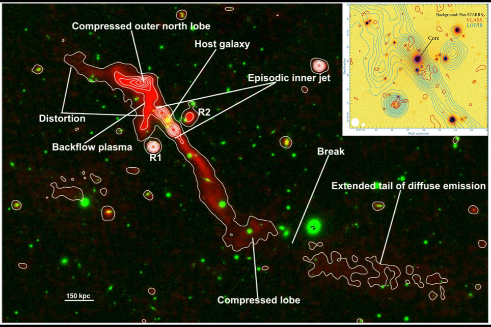 Um jato relativístico foi observado em uma galáxia que tinha buraco negro inativo por 100 milhões de anos.Crédito: Kumari et al. 2026