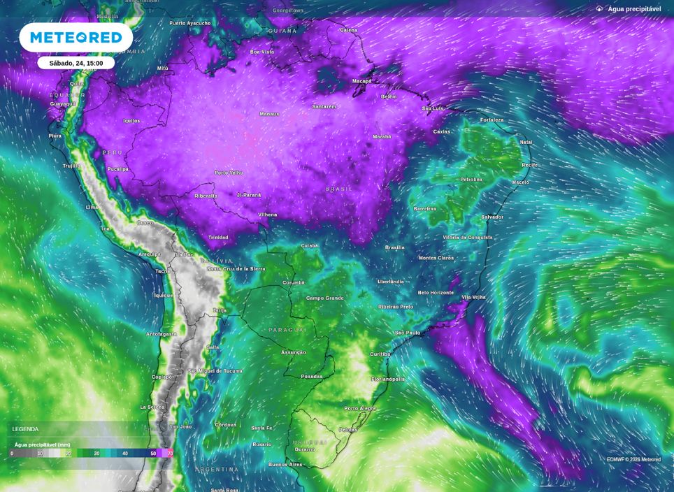 Previsão de água precipitável para a tarde de sábado (24), segundo o modelo ECMWF.