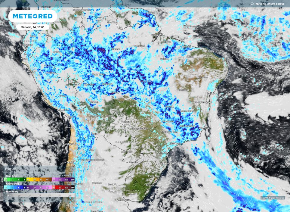 Previsão de chuva e nebulosidade para a tarde de amanhã (24), segundo o modelo ECMWF.