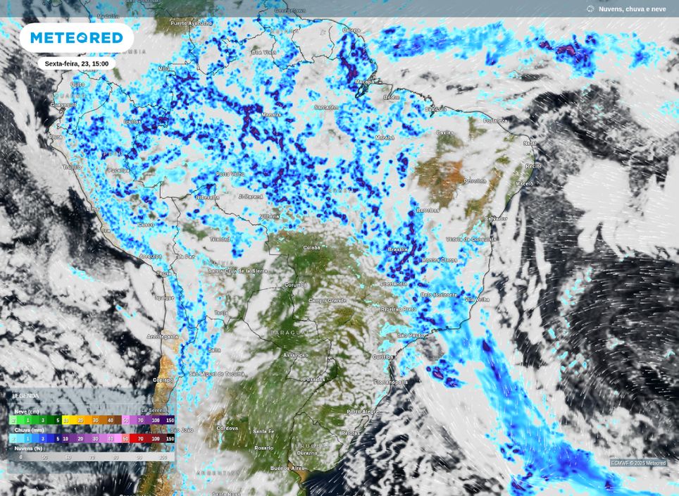 Previsão de chuva para a tarde de hoje (23), segundo o modelo ECMWF.