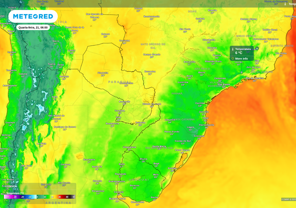 Previsão de temperatura mínima nesta quarta-feira (21), de acordo com o ECMWF.