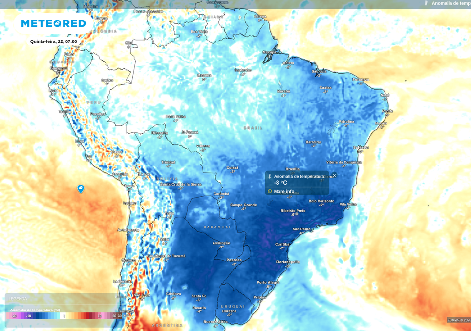 Previsão de anomalia de temperatura para quinta-feira (19), de acordo com o ECMWF.