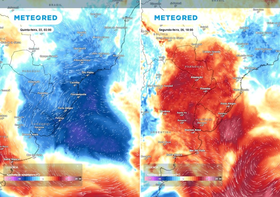 Previsão de anomalias de temperatura em 850hPa nesta quinta-feira (esquerda) e segunda-feira (direita) Previsão de anomalias de temperatura em 850hPa nesta quinta-feira (esquerda) e segunda-feira (direita)