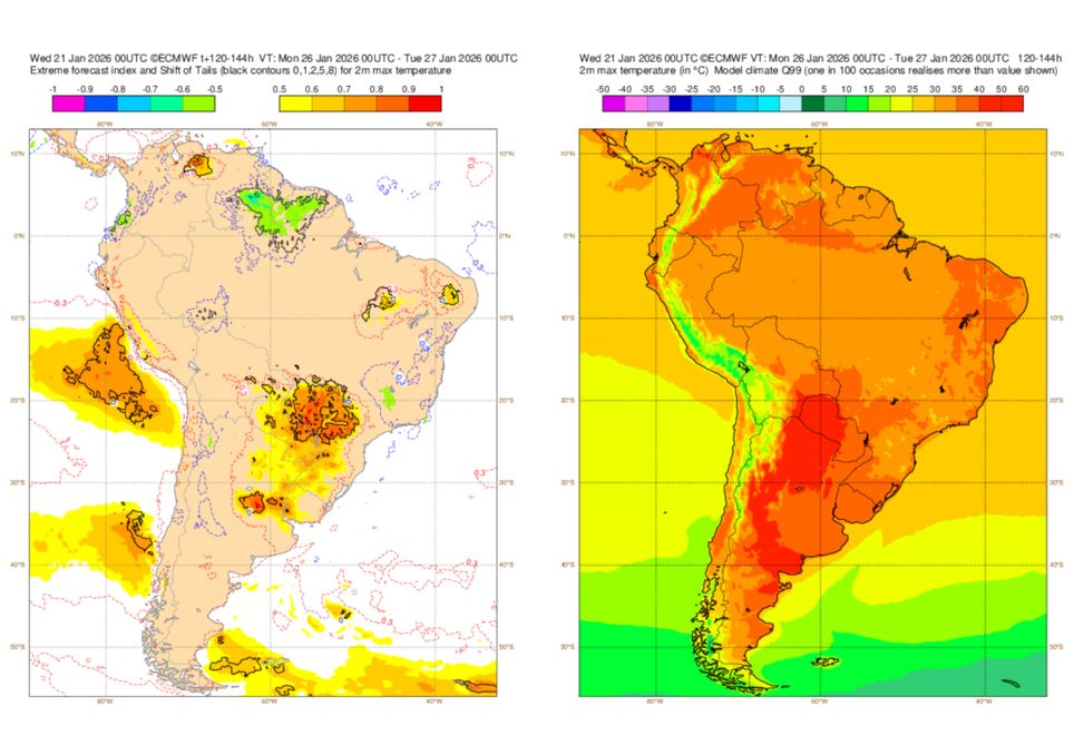 Previsão de Extreme Forecast Index (EFI) de temperatura máxima para o dia 27 de Janeiro. Previsão de Extreme Forecast Index (EFI) de temperatura máxima para o dia 27 de Janeiro.