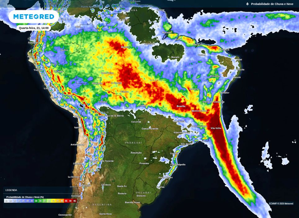 Probabilidade de precipitação para esta quarta-feira (21).