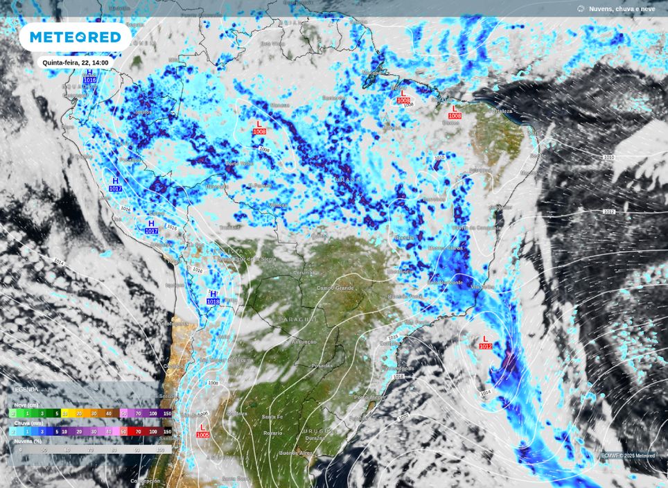 previsão de chuva, nebulosidade e pressão a nível médio do mar para esta quinta-feira (22)