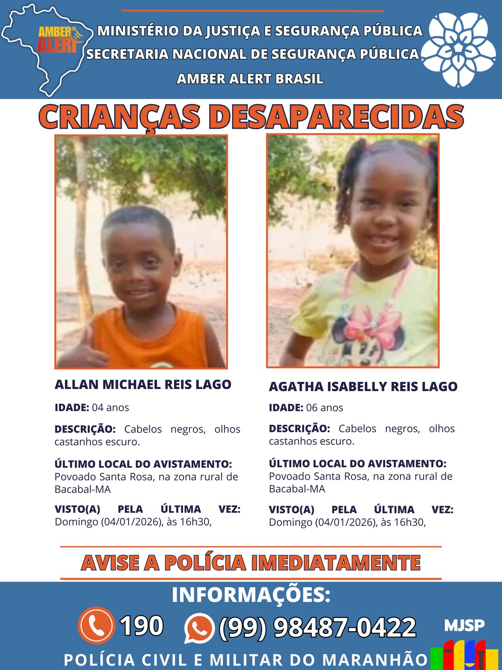 Informações divulgadas de Ágatha Isabelly e Allan Michael no sistema Amber Alert do Ministério da Justiça — Foto: Reprodução