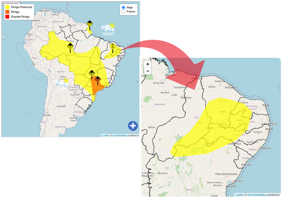 Avisos do INMET válidos para quarta-feira (14), com recorte para a região Nordeste. Créditos: Adaptado de INMET.