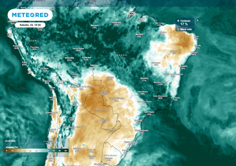 Previsão de umidades relativas (UR) mínimas no sábado durante a tarde. Previsão de umidades relativas (UR) mínimas no sábado durante a tarde.