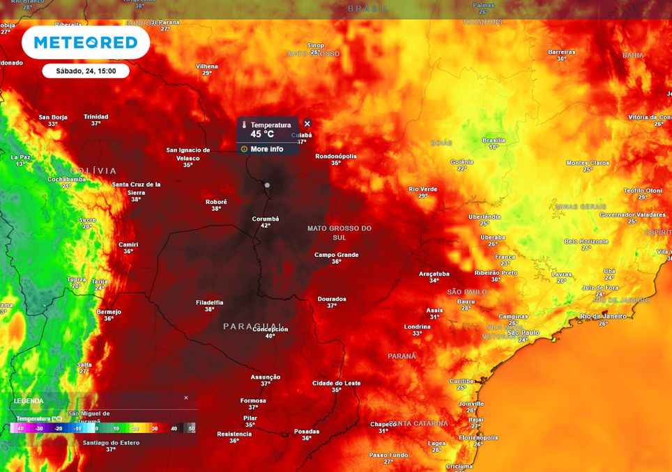 Previsão de temperaturas máximas no sábado sobre o MS. Previsão de temperaturas máximas no sábado sobre o MS.