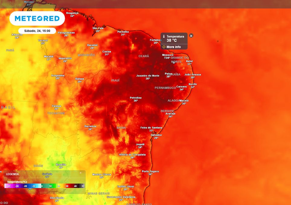 Previsão de temperaturas máximas no sábado sobre o Nordeste. Previsão de temperaturas máximas no sábado sobre o Nordeste.