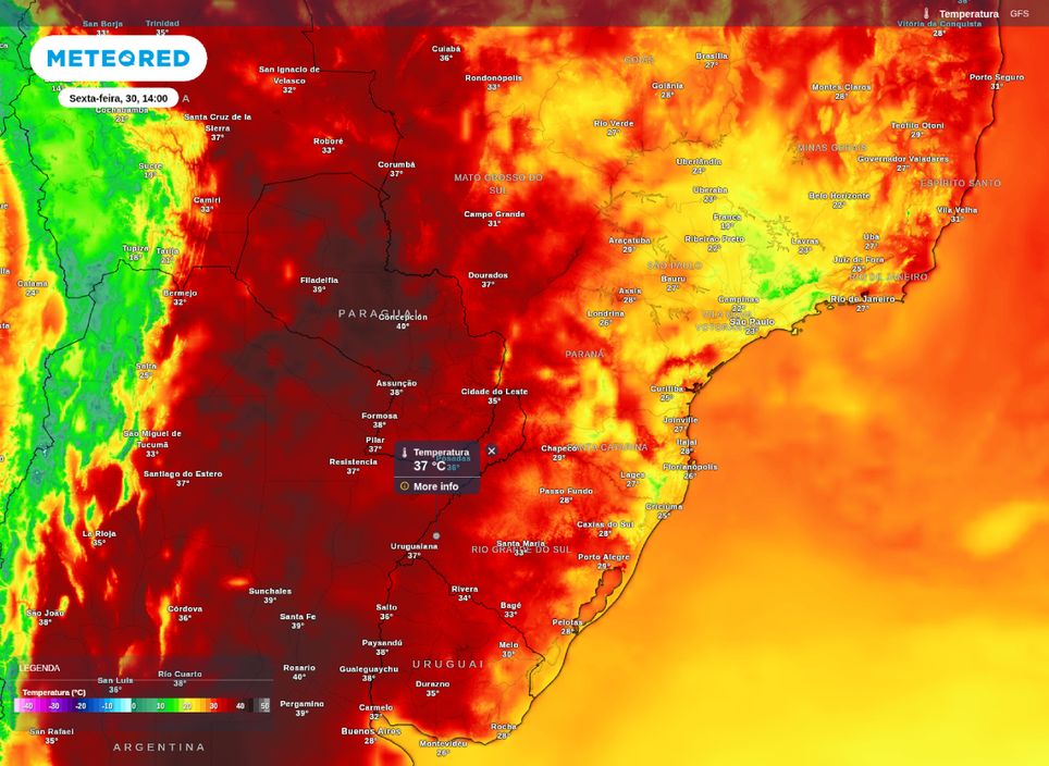 Máxima prevista para a tarde desta sexta-feira (30), de acordo com o modelo ECMWF.