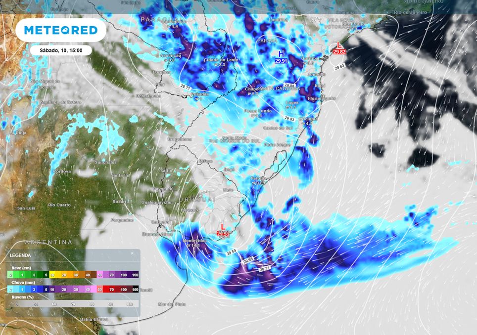 Previsão de pressão, ventos, nebulosidade e chuva neste sábado durante a tarde.