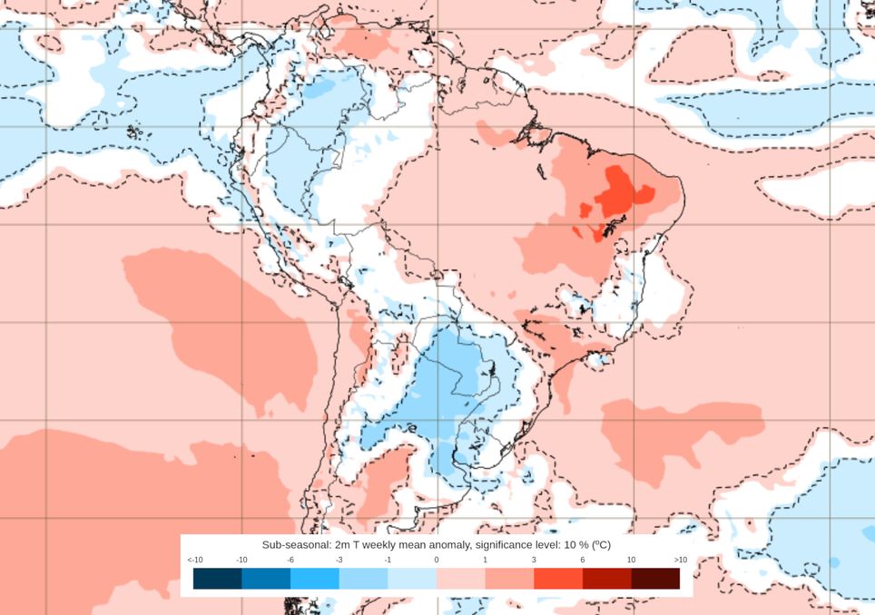 Previsão de anomalias de temperatura entre os dias 12 e 19 de Janeiro.